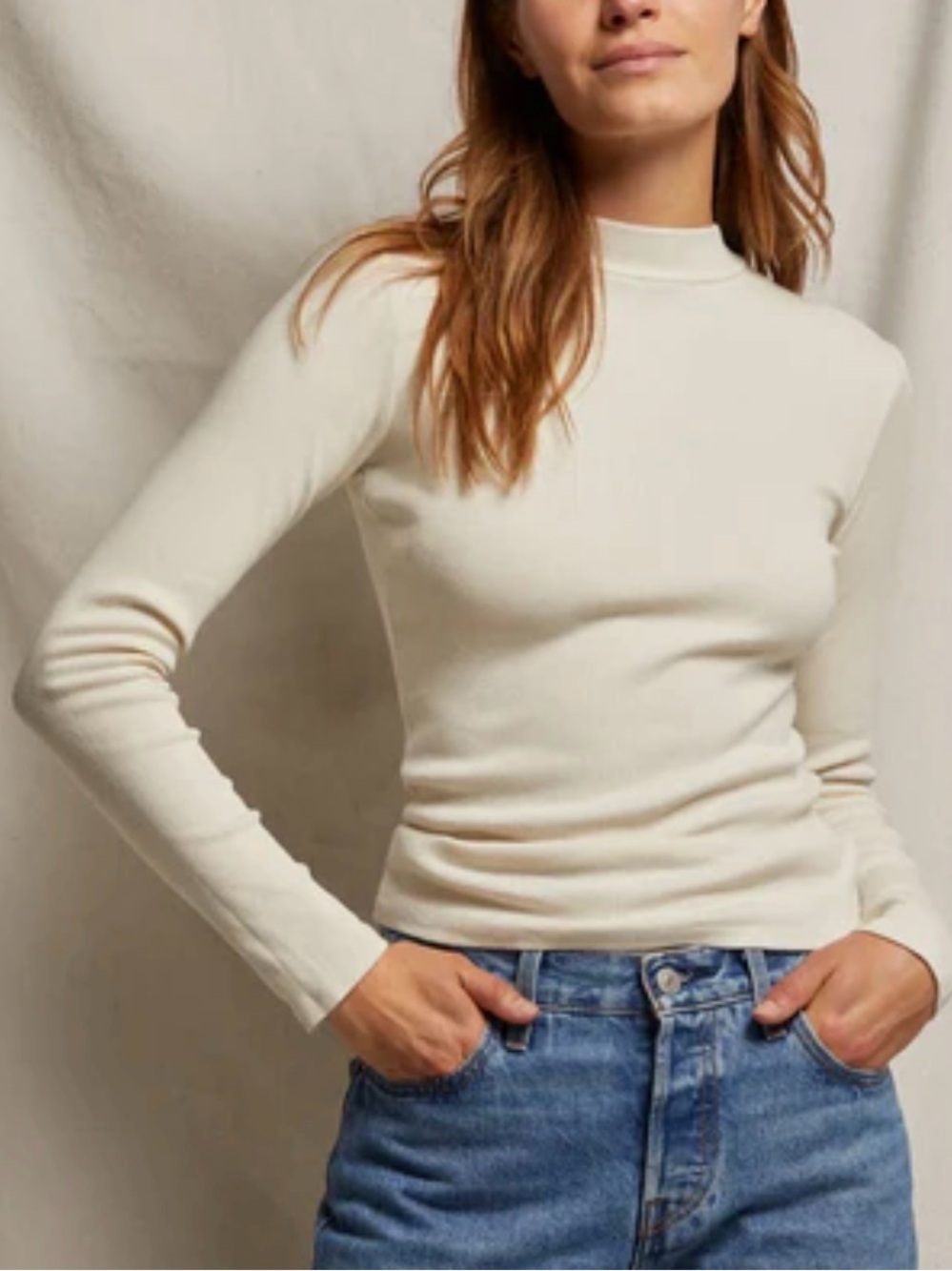 Perfect White Tee Lauryn Ribbed Mockneck Tee Beige Medium NWT